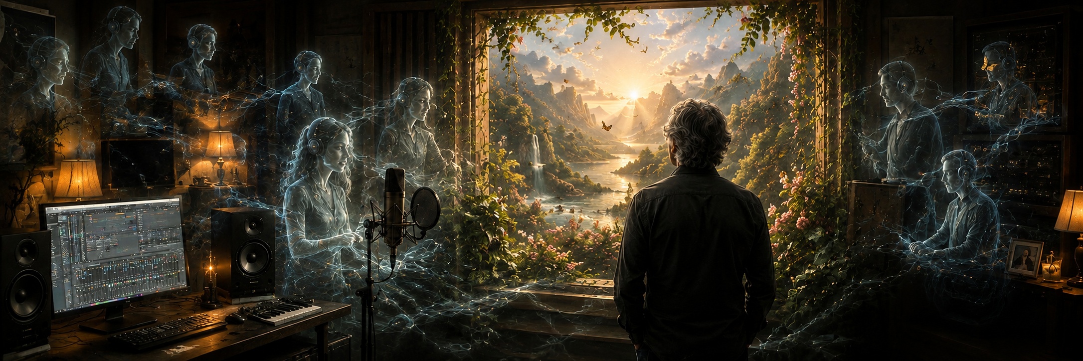 A studio opening onto a luminous horizon, with ghostlike figures and instruments around the room.